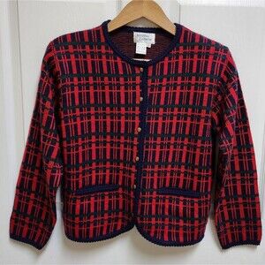 Hasting & Smith Sweater Women SP Red Plaid Knit Cardigan Button Pockets Long Slv